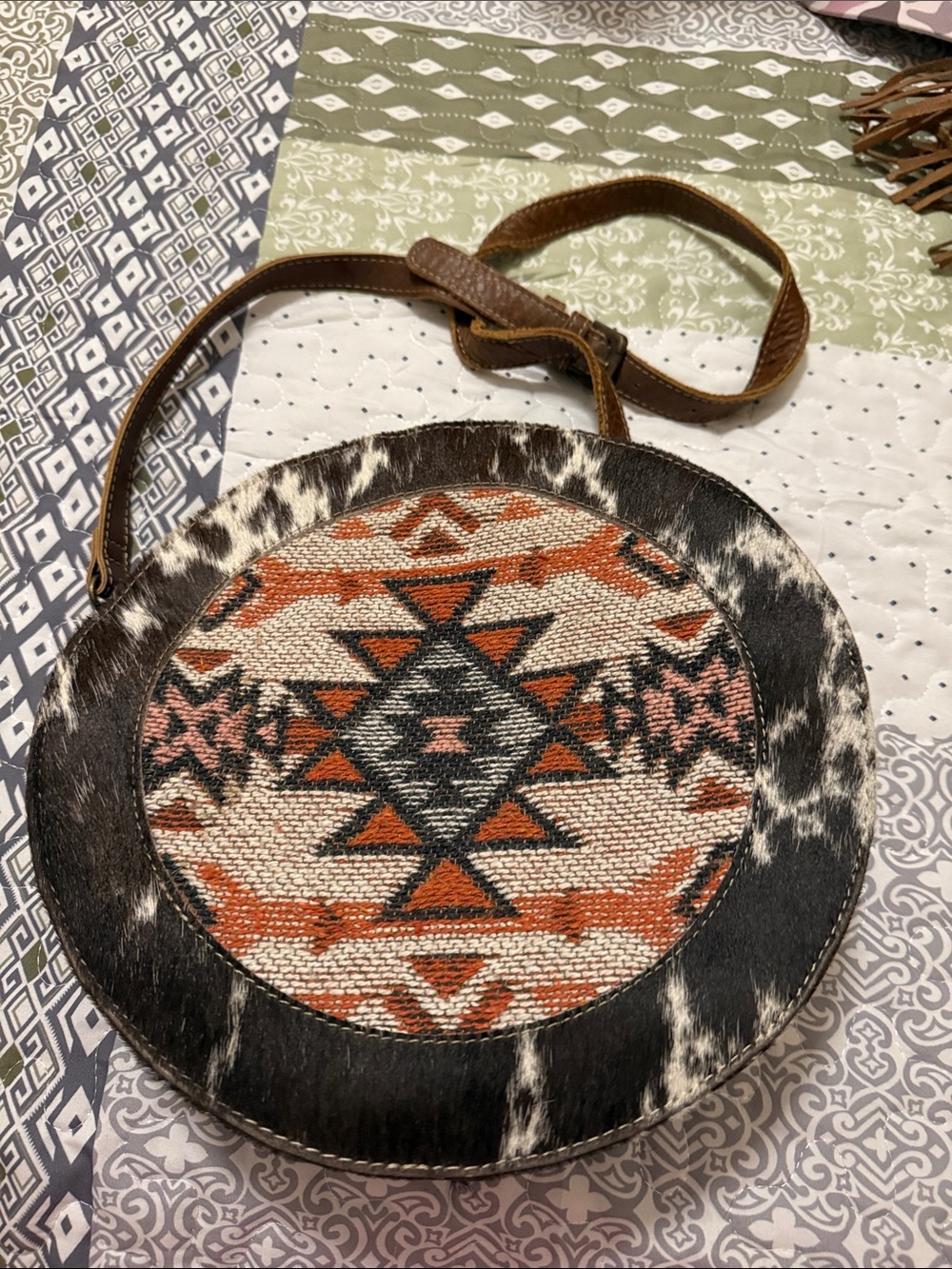 Genuine Leather & Hide Round Aztec-Pattern Crossbody Bag in Black, Cream & Rust